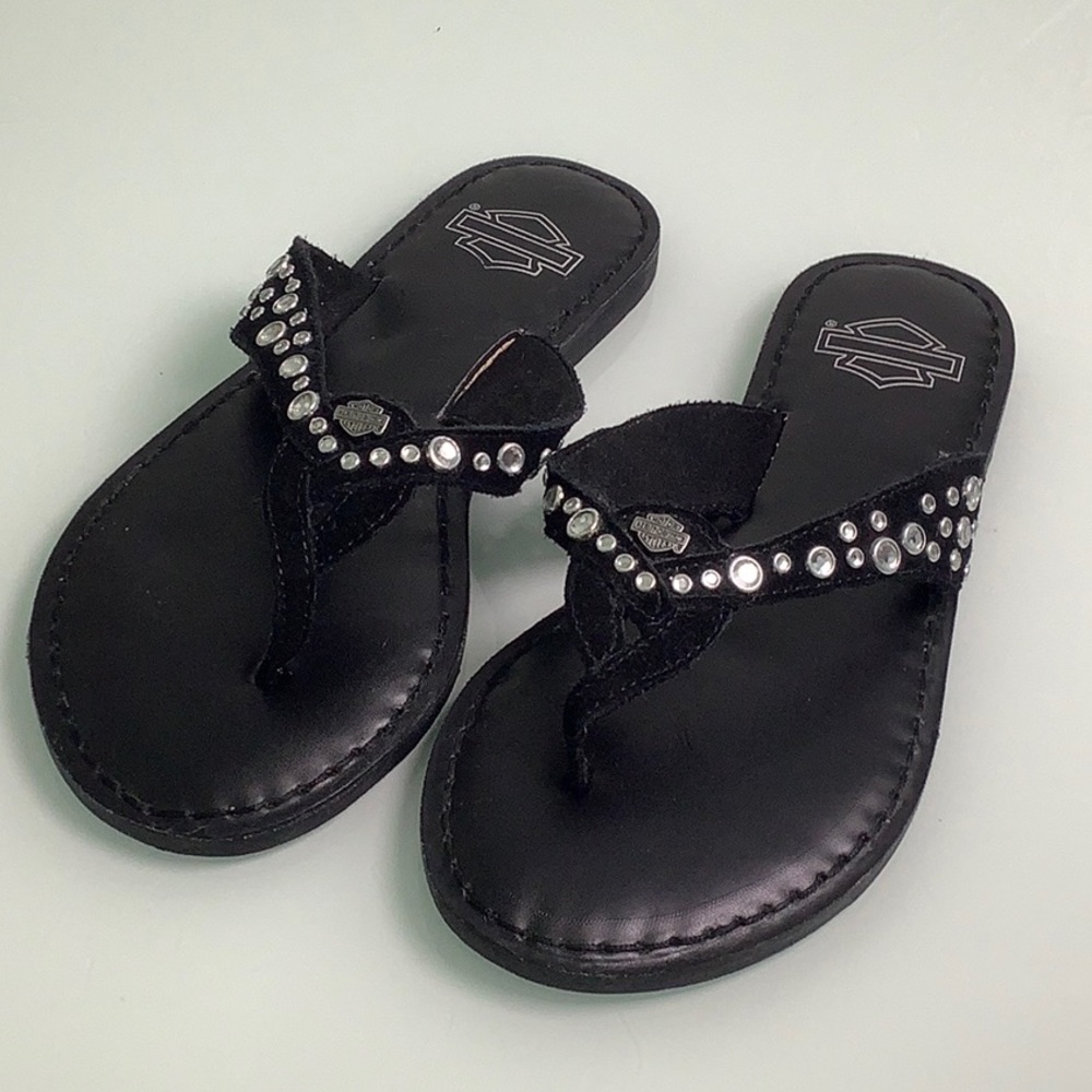 Harley Davidson Christie leather Flip Flop Crystals & Logo sandals SZ 5.5 EUC